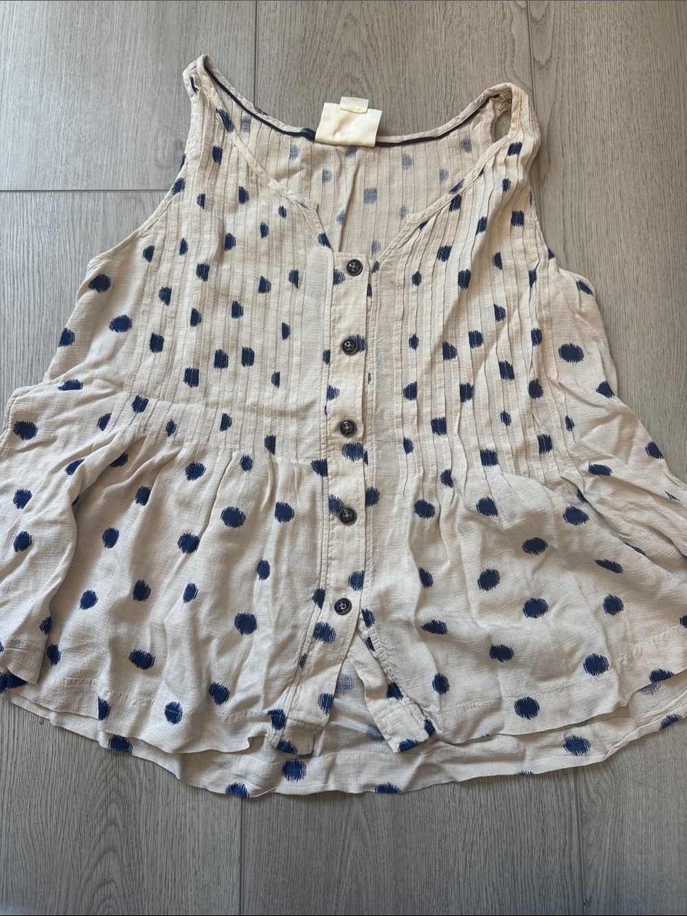 Anthropologie Cream Tank Top with Navy Polka Dots